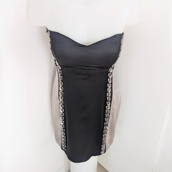 STELLA & JAMIE Color-Block Silk Strapless Mini Dress, Metallic Beading; Size M - Picture 4 of 15